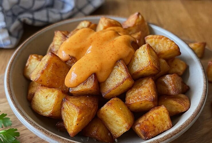 Batatas bravas douradas e crocantes feitas na airfryer, servidas numa taça com molho rosa picante por cima.