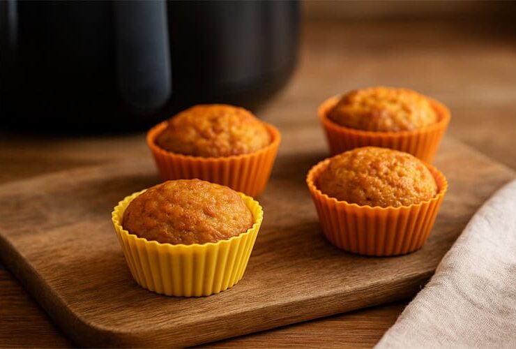 Vários bolinhos de cenoura pequenos e dourados, feitos na airfryer, num prato.