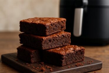 Brownies na Airfryer, Pedaços de prazer de chocolate, densos e húmidos, num prato.