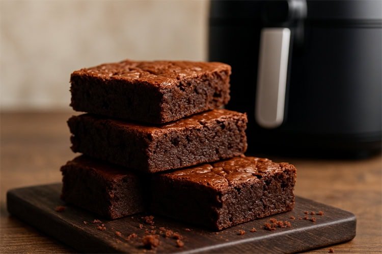 Brownies na Airfryer, Pedaços de prazer de chocolate, densos e húmidos, num prato.
