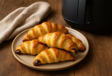 Croissants de Massa Folhada na Airfryer , dourados e com chocolate.
