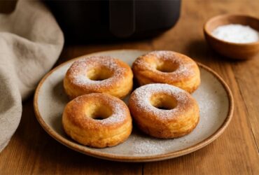 Donuts rápidos na airfryer com cobertura de açúcar e canela.