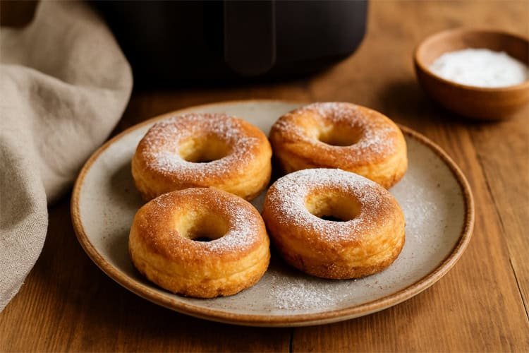 Donuts rápidos na airfryer com cobertura de açúcar e canela.