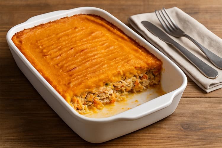 Empadão de frango com puré de batata doce numa travessa de forno, com interior cremoso e dourado