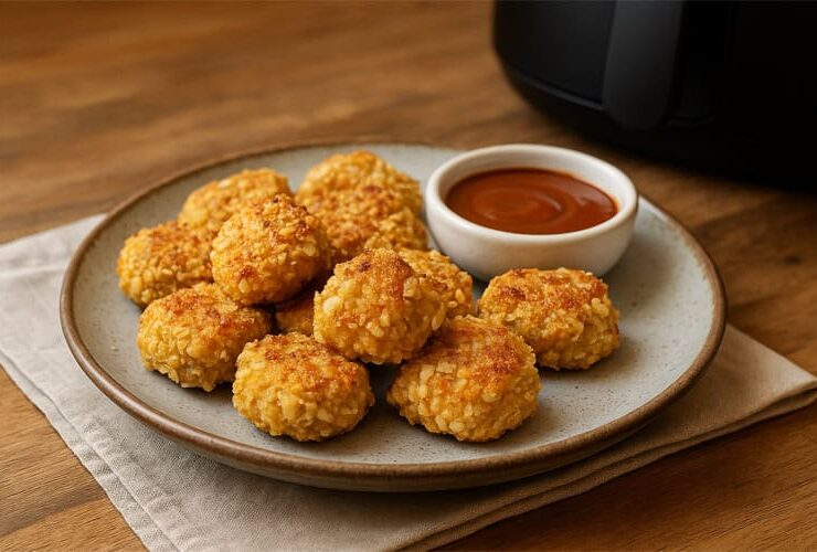Nuggets de frango caseiros dourados com cobertura crocante de aveia, servidos numa taça com um molho.