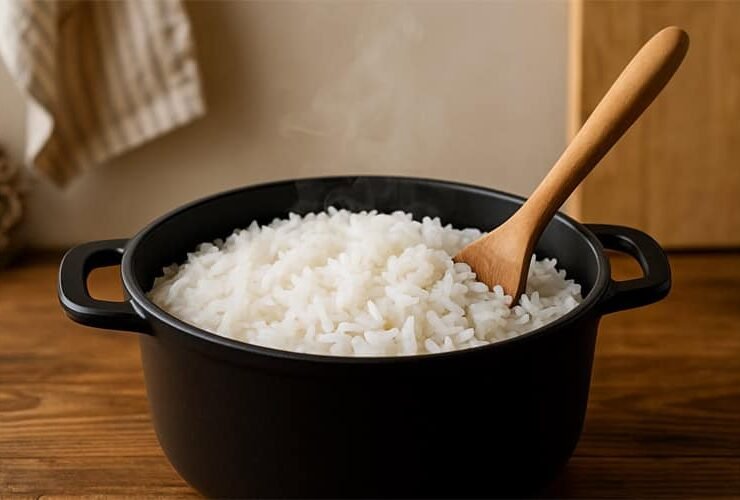 Panela de arroz soltinho acabado de fazer, mostrando como fazer arroz soltinho perfeito em casa, com grãos bem separados.
