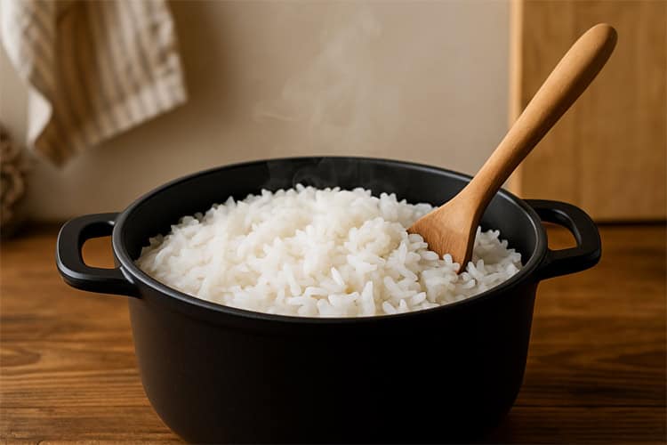 Panela de arroz soltinho acabado de fazer, mostrando como fazer arroz soltinho perfeito em casa, com grãos bem separados.