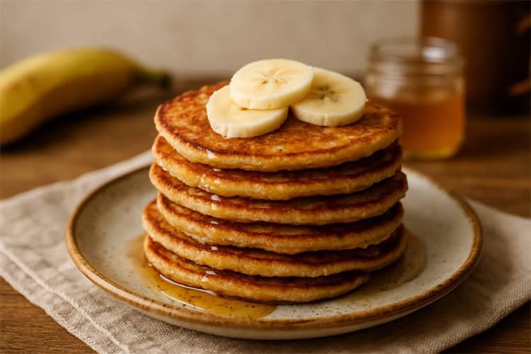 Panquecas de banana com 2 ingredientes douradas, servidas num prato.