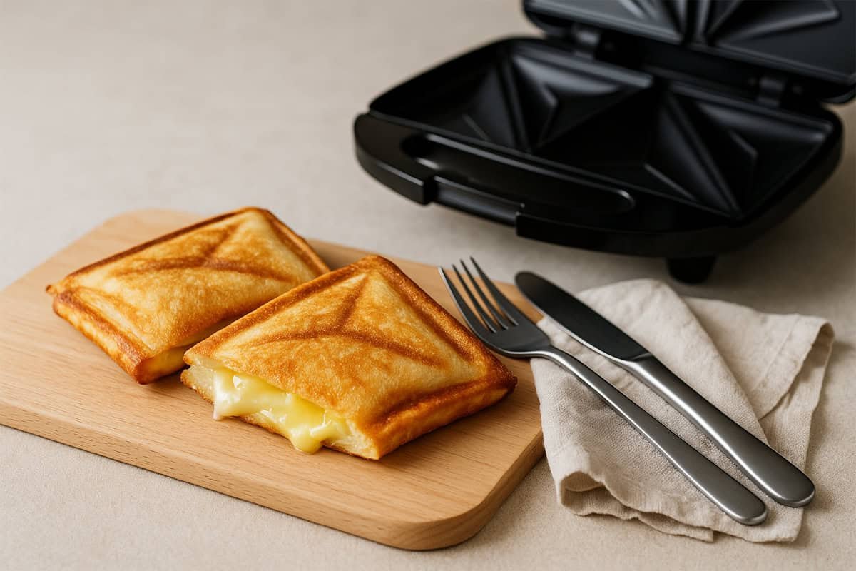 Crepe fino na sanduicheira, dourado e dobrado com recheio de queijo