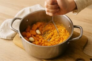 esmagar a batata para Puré de Batata-Doce com Alho Cremoso e Fácil