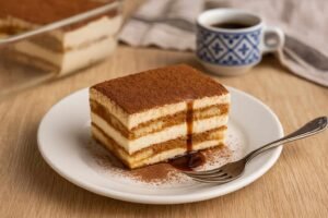 Fatia de Tarte de Bolacha com Café e Natas