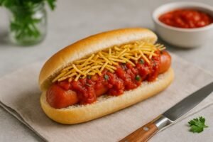Cachorro-quente com Molho de Tomate e Batata Palha close-up
