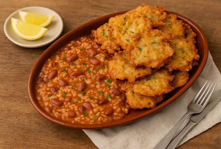 Pataniscas de Bacalhau com Arroz de Feijão Malandrinho