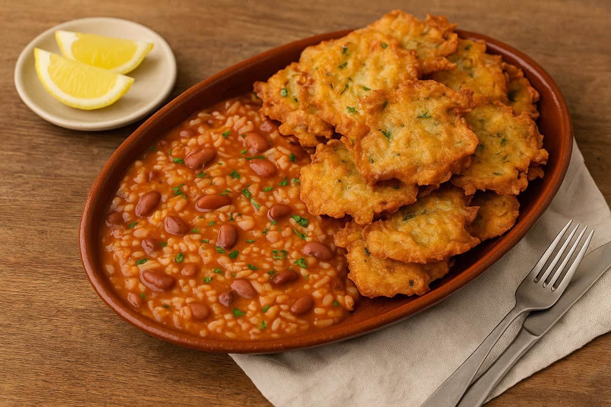 Pataniscas de Bacalhau com Arroz de Feijão Malandrinho