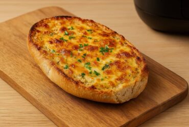 Pão de alho na airfryer com opção de queijo gratinado, dourado e estaladiço.